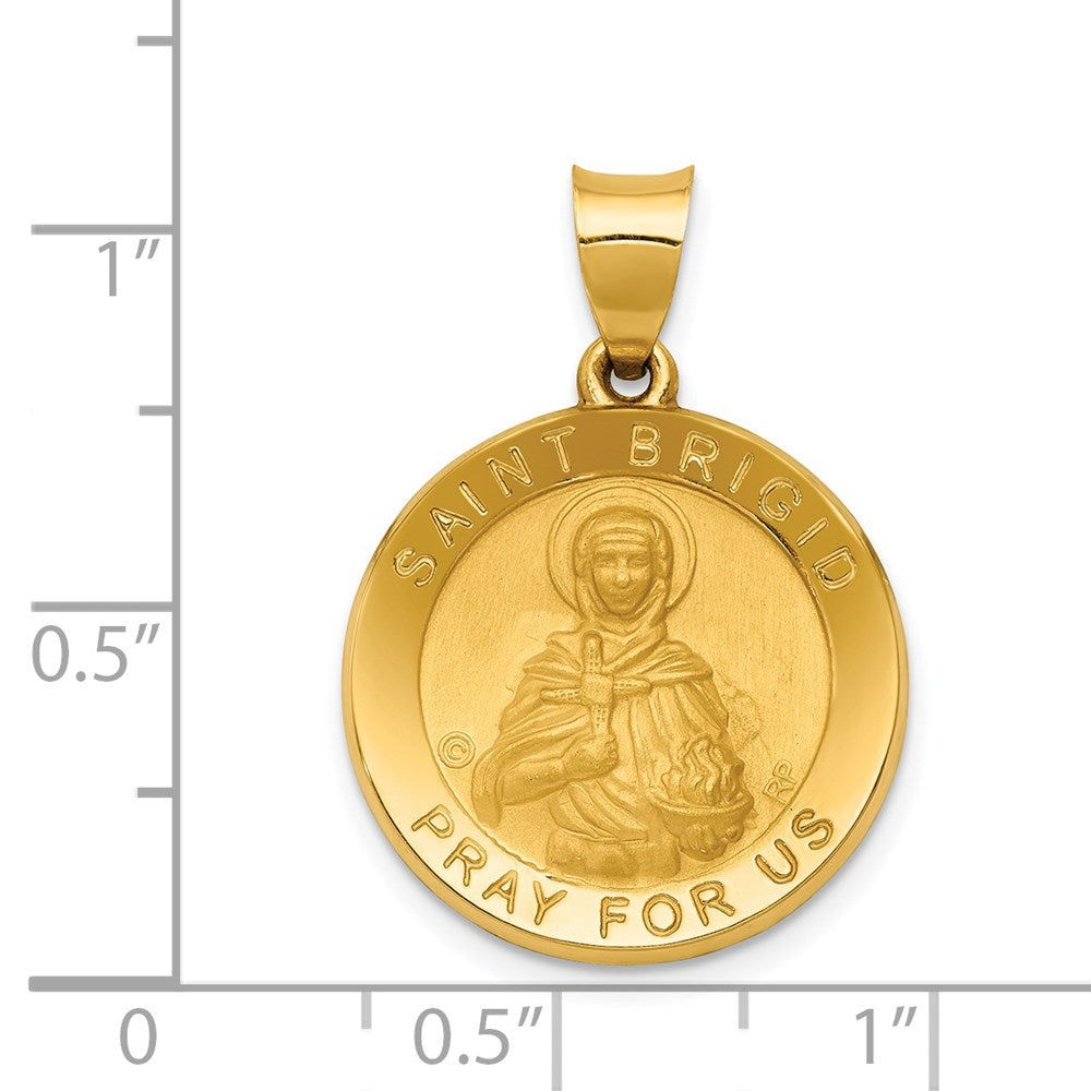 Million Charms 14K Yellow Gold Themed Polished & Satin Religious Saint Brigid Hollow Medal Pendant