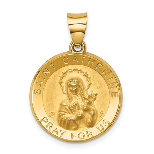 Million Charms 14K Yellow Gold Themed Polished & Satin Religious Saint Catherine Hollow Medal Pendant