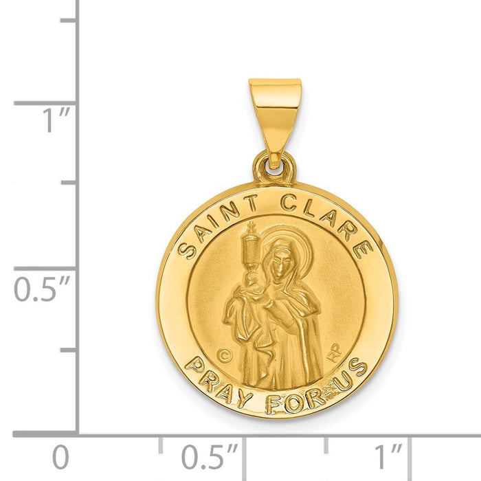 Million Charms 14K Yellow Gold Themed Polished & Satin Religious Saint Clare Hollow Medal Pendant