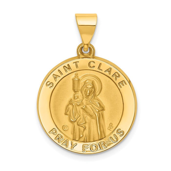 Million Charms 14K Yellow Gold Themed Polished & Satin Religious Saint Clare Hollow Medal Pendant