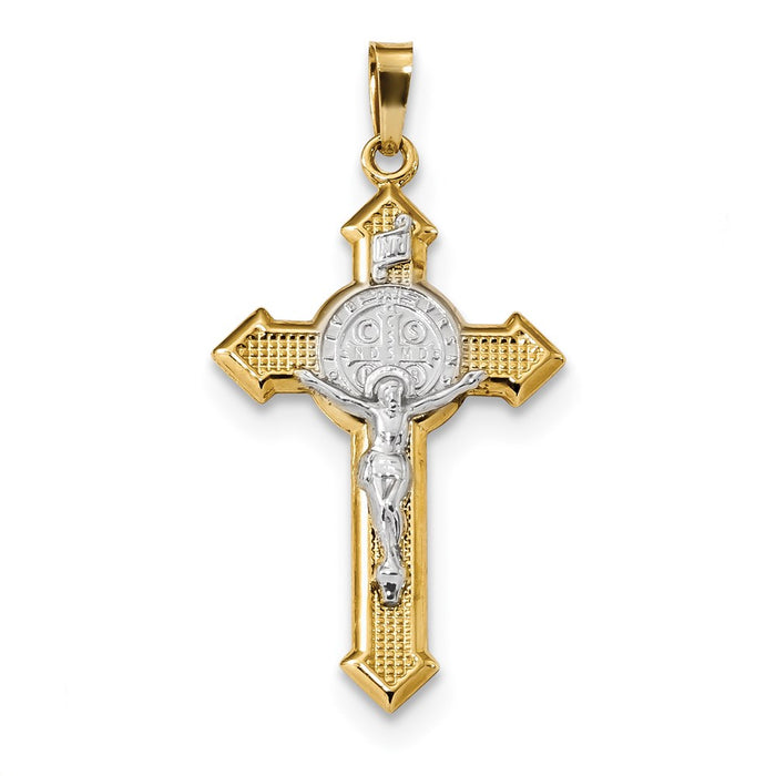 Million Charms 14K With Rhodium-plated Polished Religious Saint Benedict Medal Inri Relgious Crucifix Pendant