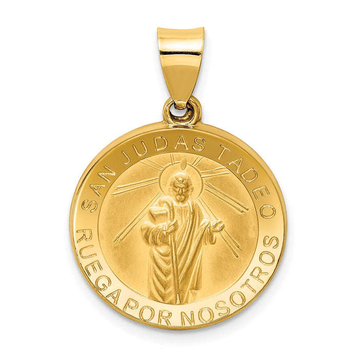 Million Charms 14K Yellow Gold Themed Polished & Satin Hollow Spanish Religious Saint Jude Thaddeus Medal Pendant