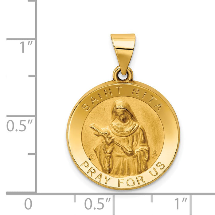 Million Charms 14K Yellow Gold Themed Polished & Satin Religious Saint Rita Hollow Medal Pendant