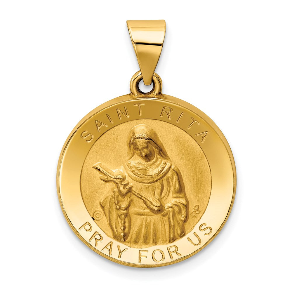 Million Charms 14K Yellow Gold Themed Polished & Satin Religious Saint Rita Hollow Medal Pendant