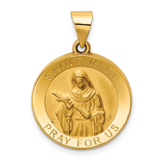 Million Charms 14K Yellow Gold Themed Polished & Satin Religious Saint Rita Hollow Medal Pendant