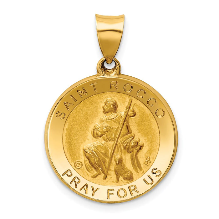 Million Charms 14K Yellow Gold Themed Polished & Satin Religious Saint Rocco Hollow Medal Pendant