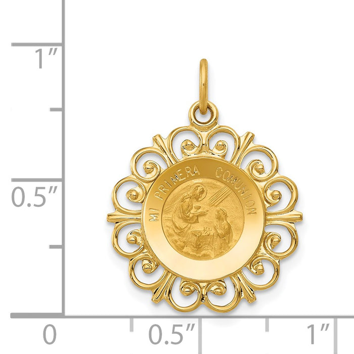 Million Charms 14K Yellow Gold Themed Polished, Satin Spanish 1St Communion Medal Pendant