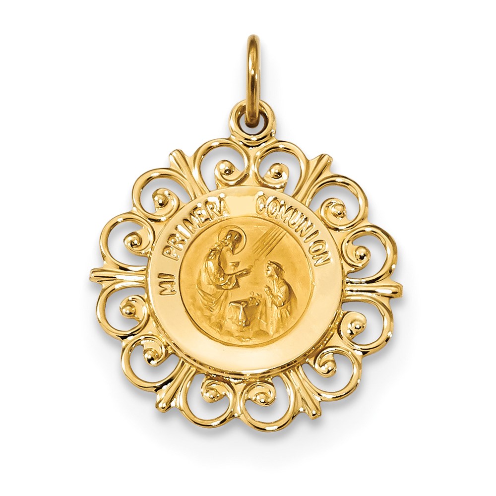 Million Charms 14K Yellow Gold Themed Polished, Satin Spanish 1St Communion Medal Pendant