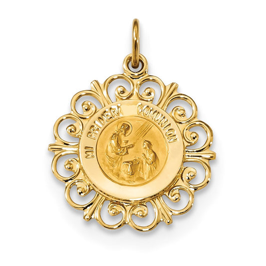 Million Charms 14K Yellow Gold Themed Polished, Satin Spanish 1St Communion Medal Pendant