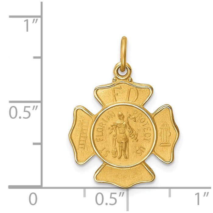 Million Charms 14K Yellow Gold Themed Solid Polished/Satin Small Religious Saint Florian Fire Dept. Badge Medal