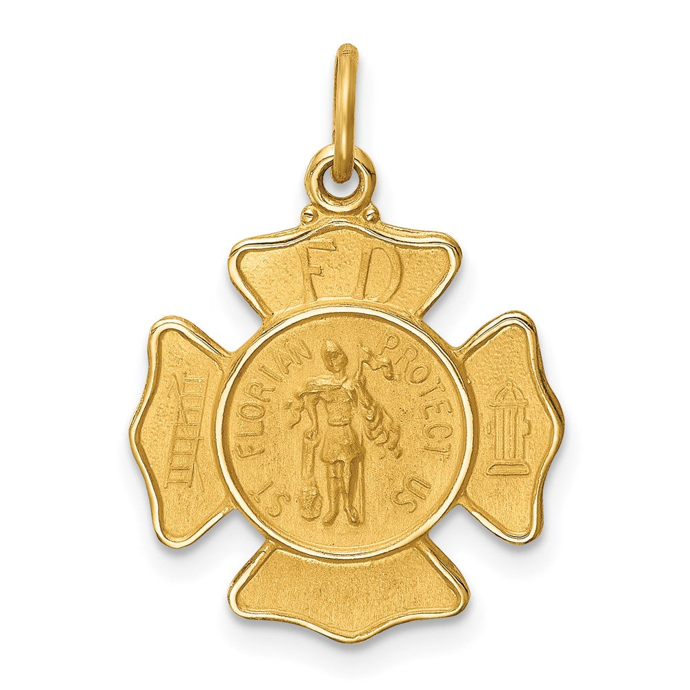 Million Charms 14K Yellow Gold Themed Solid Polished/Satin Small Religious Saint Florian Fire Dept. Badge Medal