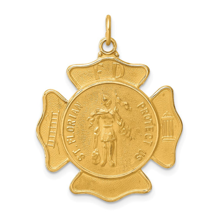 Million Charms 14K Yellow Gold Themed Solid Polished/Satin Large Religious Saint Florian Fire Dept. Badge Medal