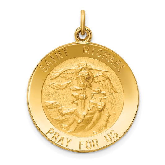 Million Charms 14K Yellow Gold Themed Solid Polished/Satin Medium Round Religious Saint Michael Medal