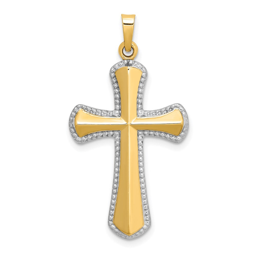 Million Charms 14K Yellow Gold Themed Hollow Polished Rhodium-Plated Beaded Edge Cross
