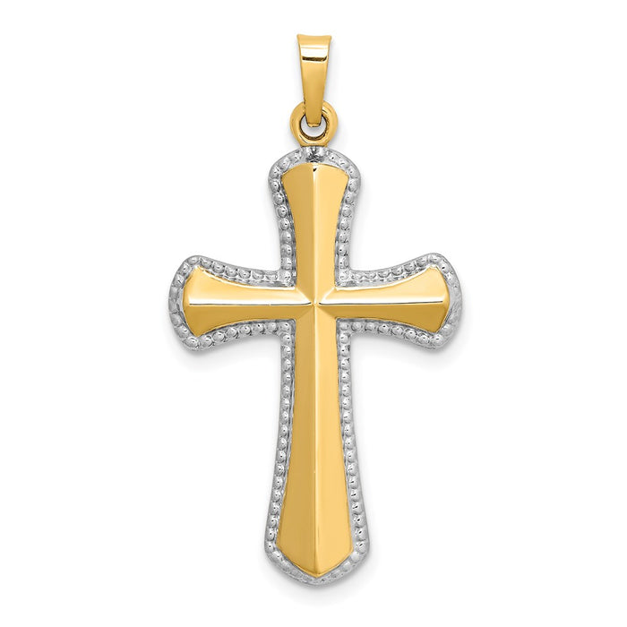 Million Charms 14K Yellow Gold Themed Hollow Polished Rhodium-Plated Beaded Edge Cross