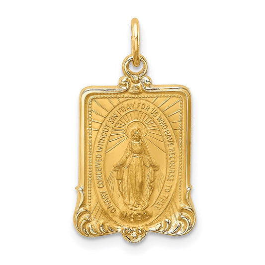 Million Charms 14K Yellow Gold Themed Solid Polished/Satin Medium Rectangle Framed Religious Miraculous Medal
