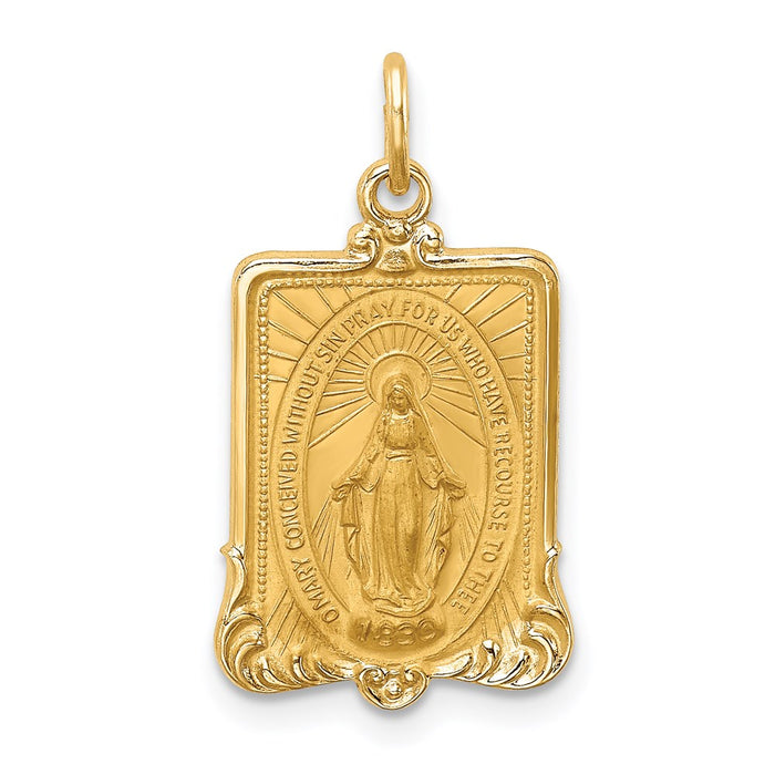 Million Charms 14K Yellow Gold Themed Solid Polished/Satin Medium Rectangle Framed Religious Miraculous Medal