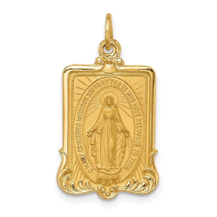 Million Charms 14K Yellow Gold Themed Solid Polished/Satin Large Rectangle Framed Religious Miraculous Medal