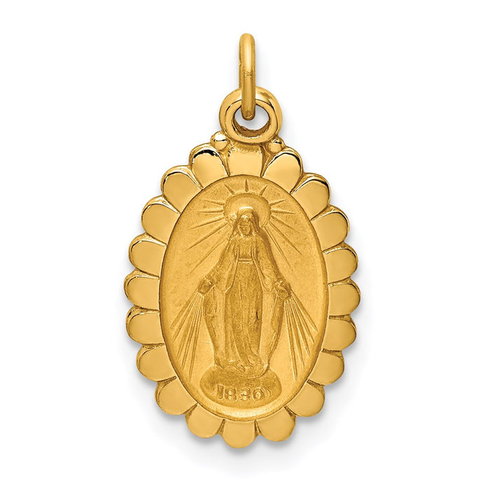 Million Charms 14K Yellow Gold Themed Solid Polished/Satin Small Oval Scalloped Religious Miraculous Medal