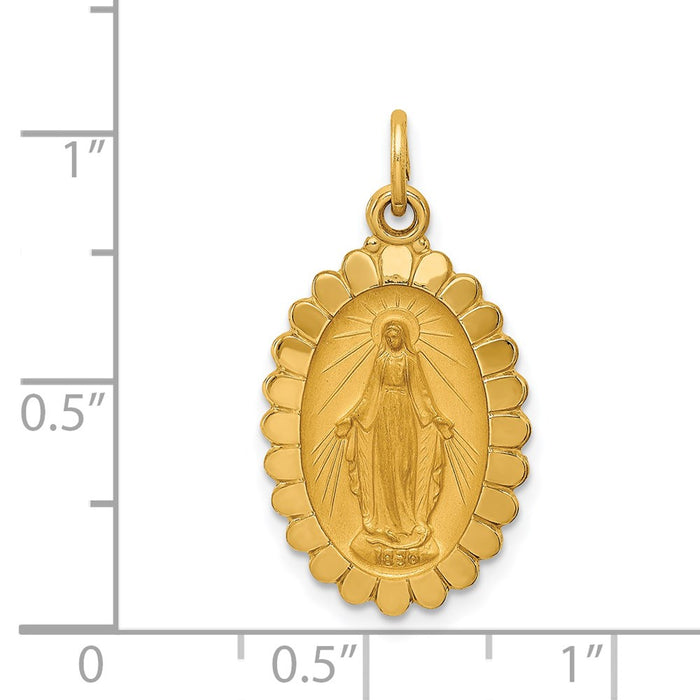 Million Charms 14K Yellow Gold Themed Solid Polished/Satin Medium Oval Scalloped Religious Miraculous Medal