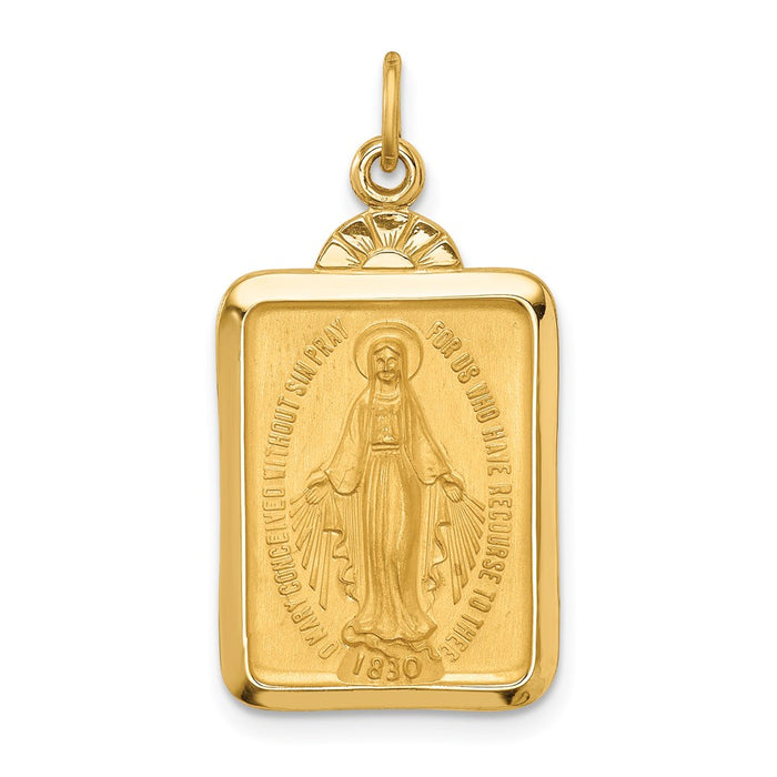 Million Charms 14K Yellow Gold Themed Solid Polished/Satin Rectangle With Fan Top Religious Miraculous Medal