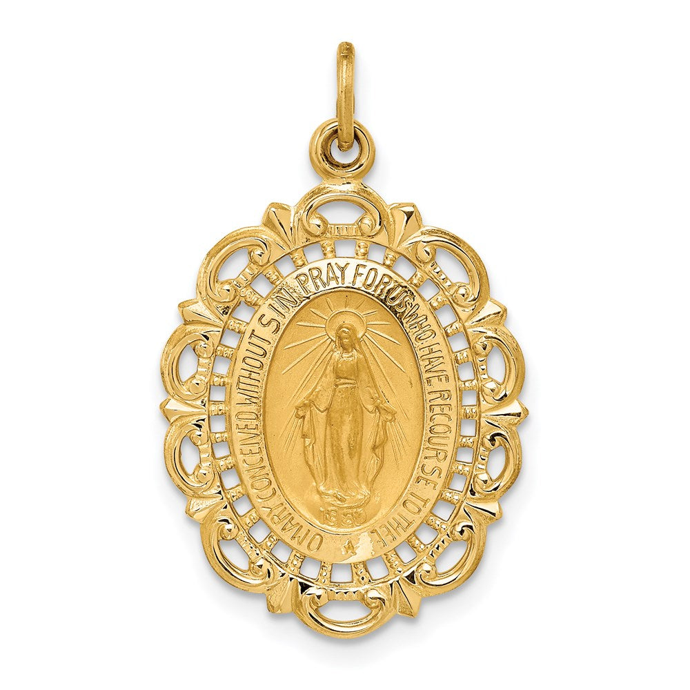 Million Charms 14K Yellow Gold Themed Solid Polished/Satin Medium Fancy Pierced Oval Religious Miraculous Medal
