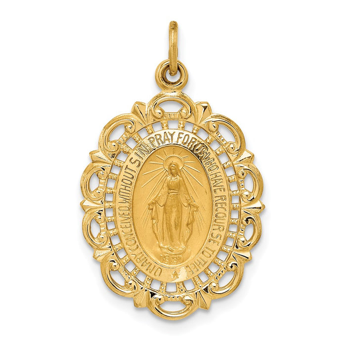 Million Charms 14K Yellow Gold Themed Solid Polished/Satin Medium Fancy Pierced Oval Religious Miraculous Medal