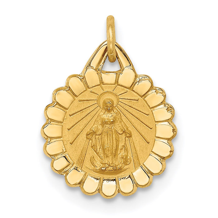 Million Charms 14K Yellow Gold Themed Solid Polished/Satin Tiny Round Scalloped Religious Miraculous Medal