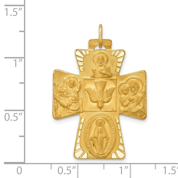 Million Charms 14K Yellow Gold Themed Solid Polished/Satin Large 4-Way Medal Cross