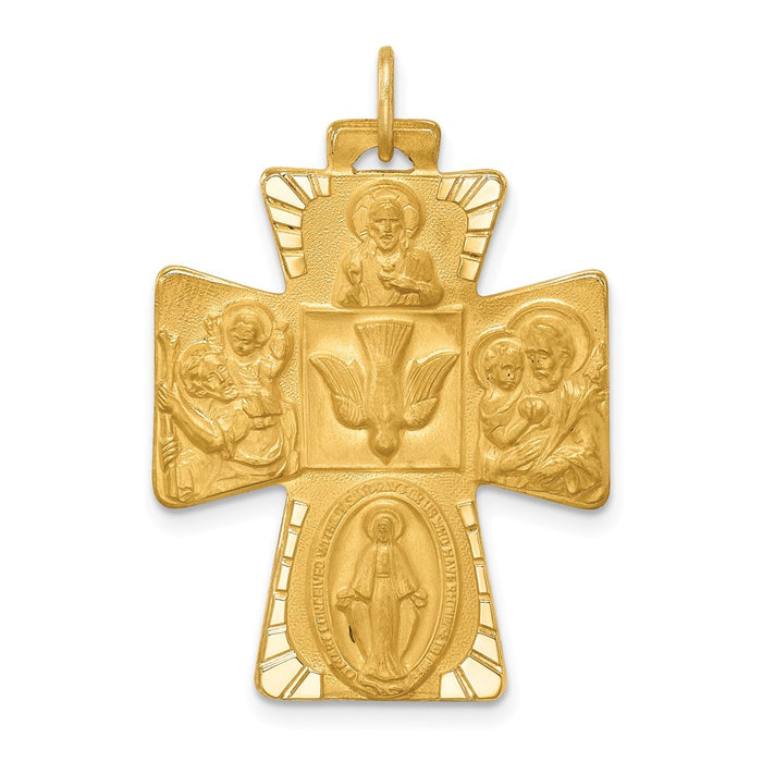 Million Charms 14K Yellow Gold Themed Solid Polished/Satin Large 4-Way Medal Cross