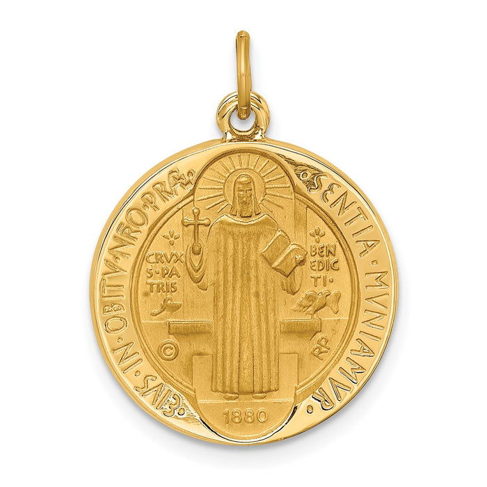 Million Charms 14K Yellow Gold Themed Solid Polished/Satin Round Reversible Religious Saint Benedict Medal