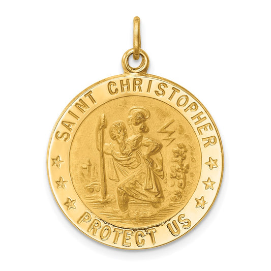 Million Charms 14K Yellow Gold Themed Solid Polished/Satin Medium Round Religious Saint Christopher Medal
