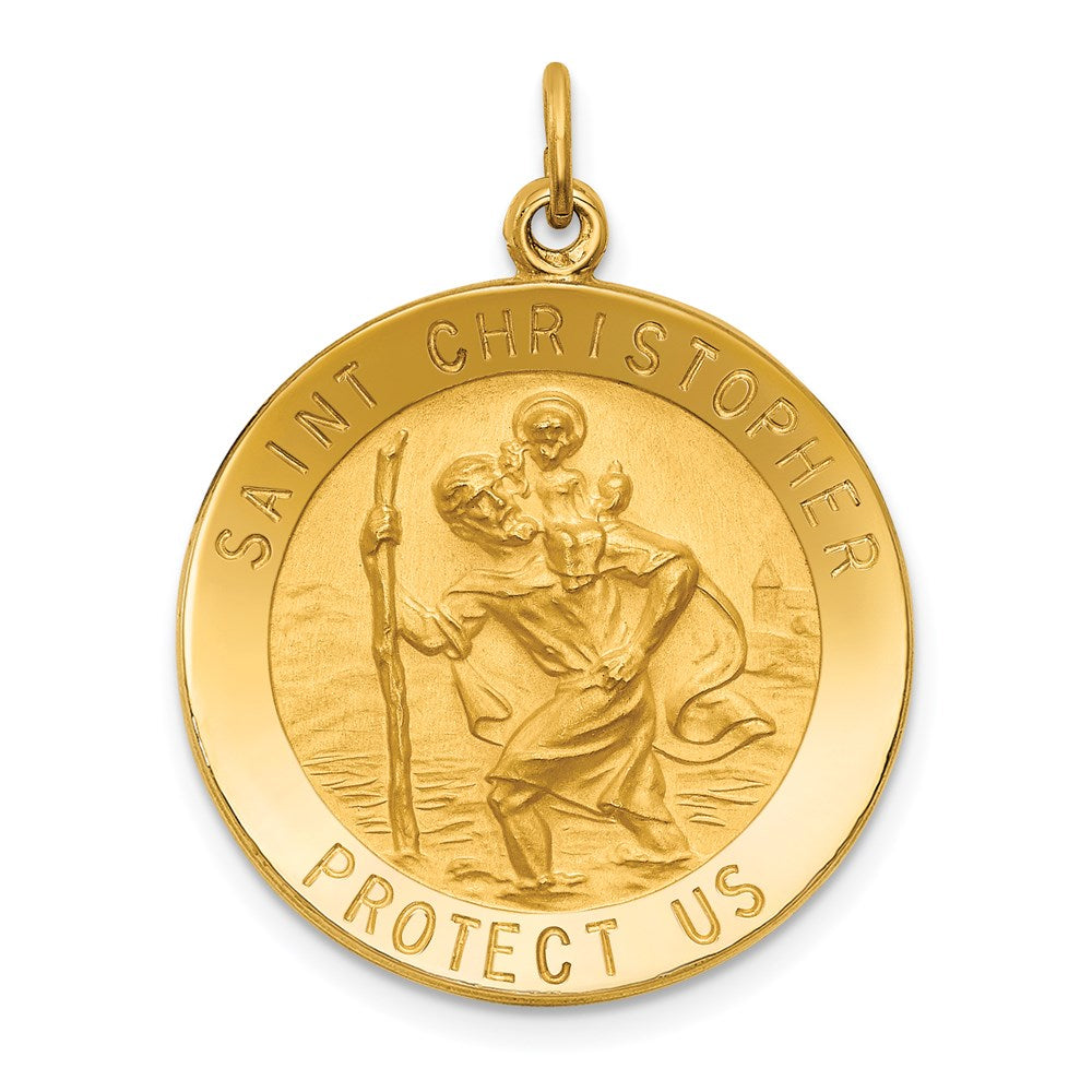 Million Charms 14K Yellow Gold Themed Solid Polished/Satin Medium Round Religious Saint Christopher Medal