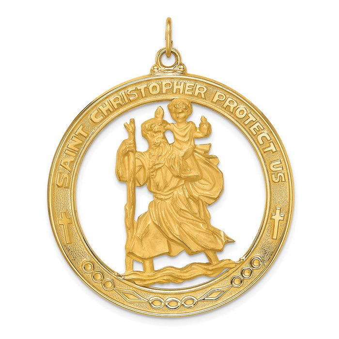 Million Charms 14K Yellow Gold Themed Solid Polished/Satin Extra Large Cut-Out Religious Saint Christopher Medal