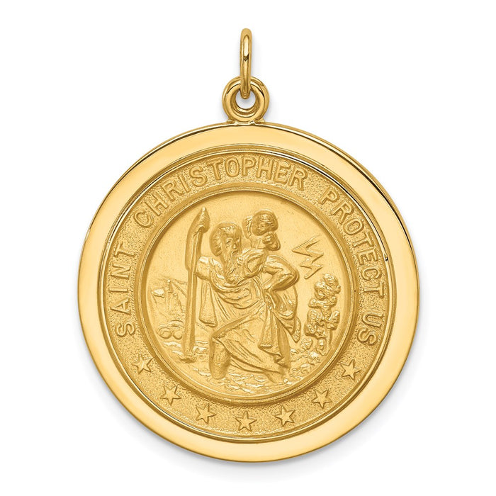 Million Charms 14K Yellow Gold Themed Solid Polished/Satin Medium Round Disc Religious Saint Christopher Medal
