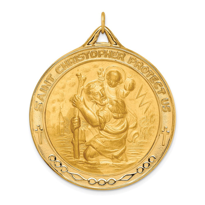 Million Charms 14K Yellow Gold Themed Solid Polished/Satin Extra Large Round Religious Saint Christopher Medal