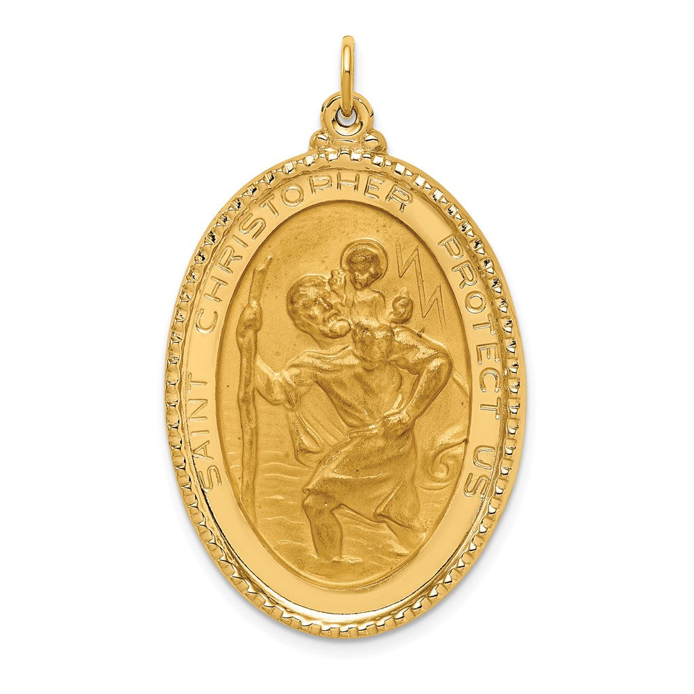 Million Charms 14K Yellow Gold Themed Solid Polished/Satin Extra Large Beaded Edge Religious Saint Christopher Medal