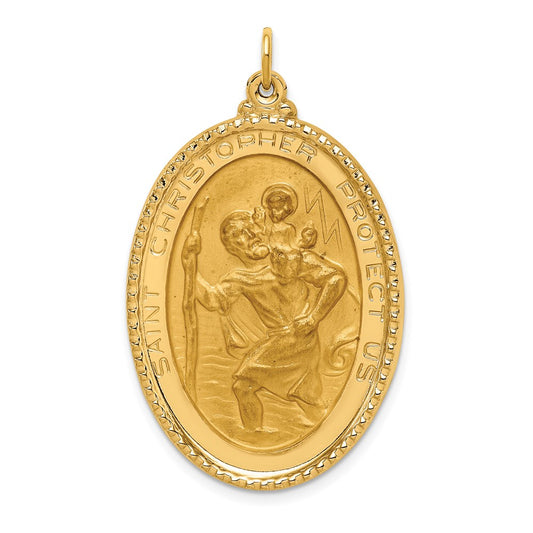 Million Charms 14K Yellow Gold Themed Solid Polished/Satin Extra Large Beaded Edge Religious Saint Christopher Medal