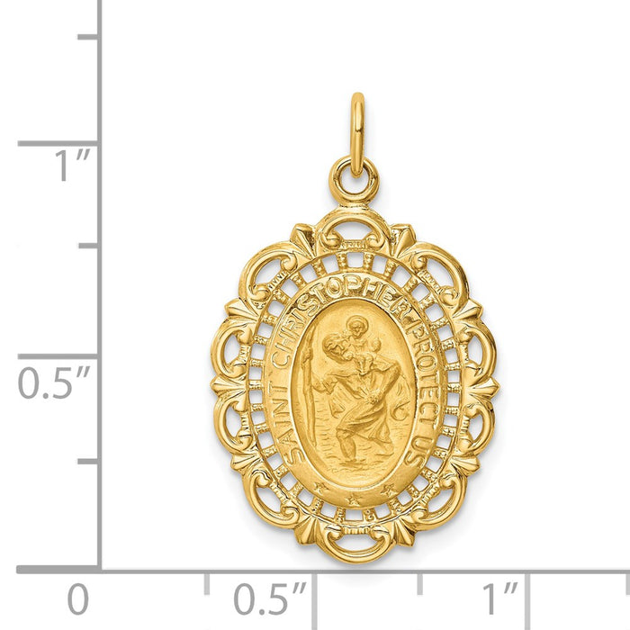 Million Charms 14K Yellow Gold Themed Solid Polished/Satin Medium Fancy Pierced Oval Religious Saint Christopher Medal