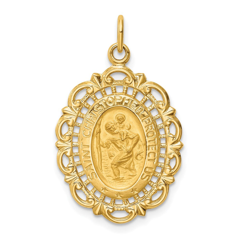 Million Charms 14K Yellow Gold Themed Solid Polished/Satin Medium Fancy Pierced Oval Religious Saint Christopher Medal