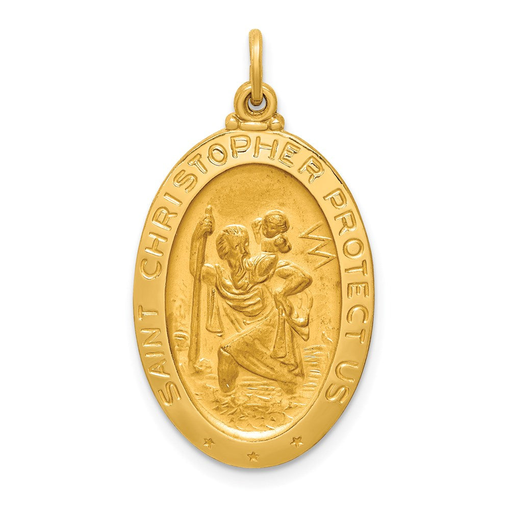Million Charms 14K Yellow Gold Themed Solid Polished/Satin Medium Oval Religious Saint Christopher Medal