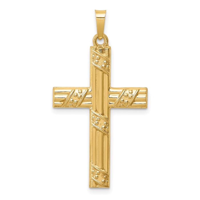 Million Charms 14K Yellow Gold Themed Hollow Polished Textured & Striped Latin Cross