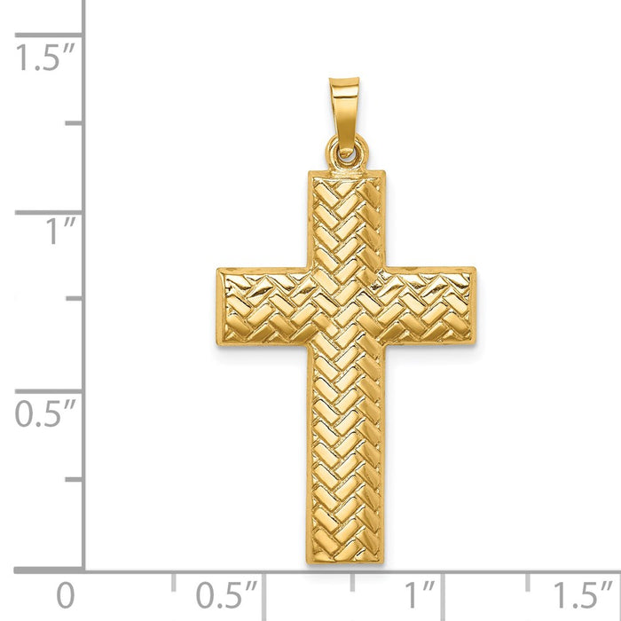 Million Charms 14K Yellow Gold Themed Hollow Polished Basketweave Design Latin Cross