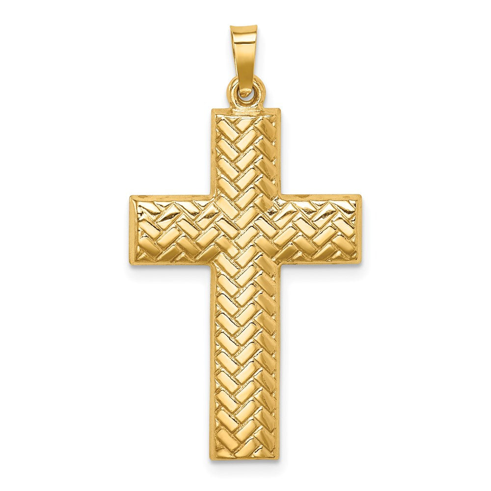 Million Charms 14K Yellow Gold Themed Hollow Polished Basketweave Design Latin Cross
