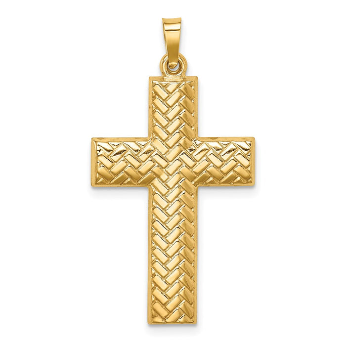 Million Charms 14K Yellow Gold Themed Hollow Polished Basketweave Design Latin Cross