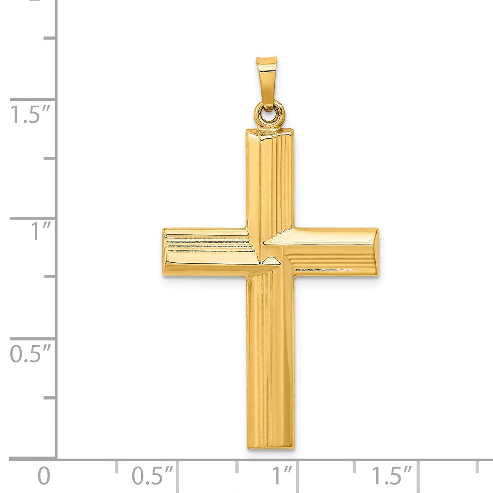 Million Charms 14K Yellow Gold Themed Hollow Polished Stripe Design Latin Cross