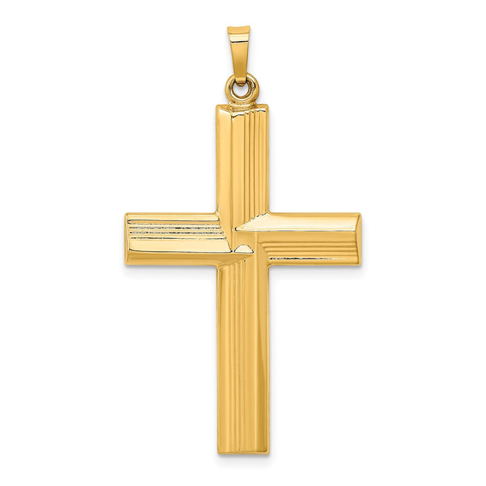 Million Charms 14K Yellow Gold Themed Hollow Polished Stripe Design Latin Cross