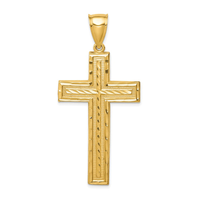 Million Charms 14K Yellow Gold Themed Diamond-Cut Relgious Cross Pendant