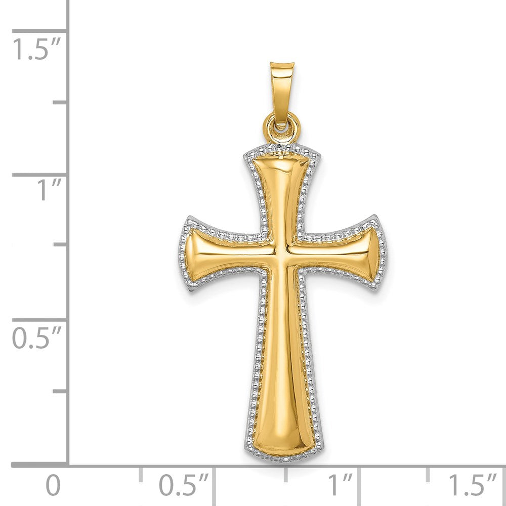 Million Charms 14K Yellow Gold Themed Hollow Polished Rhodium-Plated Beaded Edge Cross