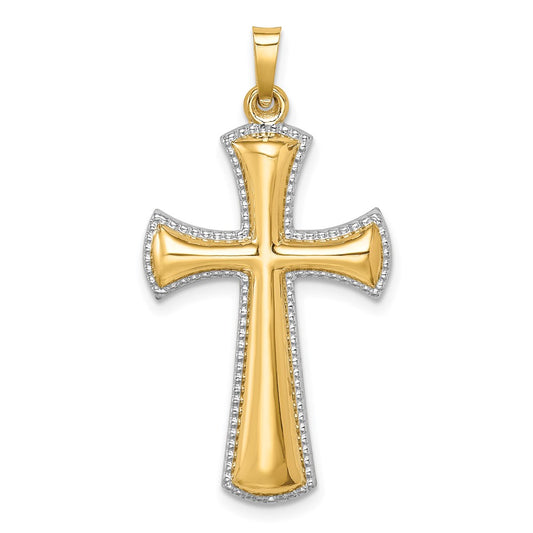 Million Charms 14K Yellow Gold Themed Hollow Polished Rhodium-Plated Beaded Edge Cross